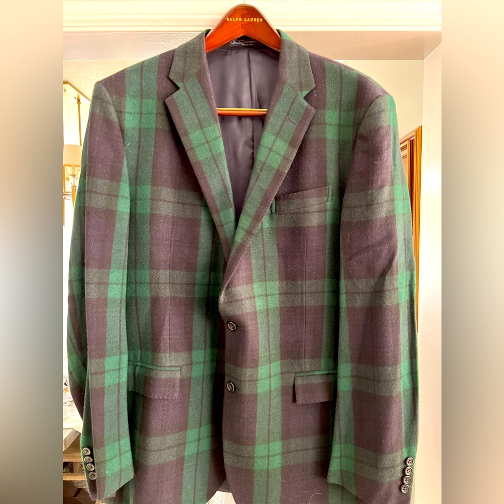 Polo Ralph Lauren Men’s wool blazer Green and navy check. Size 46L Like new!